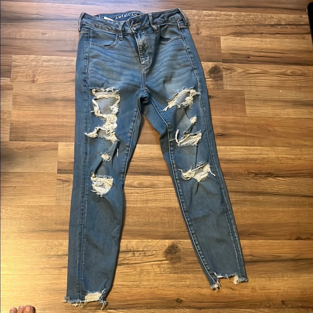 American Eagle Outfitters Blue Skinny Jeans with Distressed Details